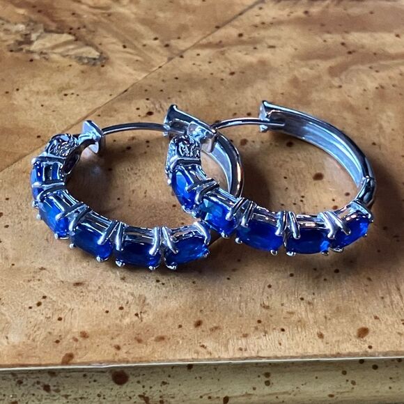 Artistic Blue Spinel Ruby Sterling Silver Hoop Earrings - Picture 1 of 8